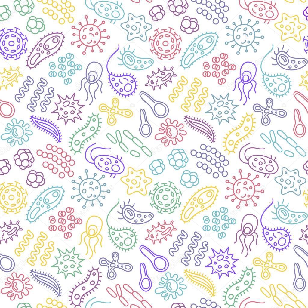 Seamless pattern with bacteria, viruses and germs. Microorganism cells repeating background for textil design, wrapping papper, wallpapper. Color contour illustration.