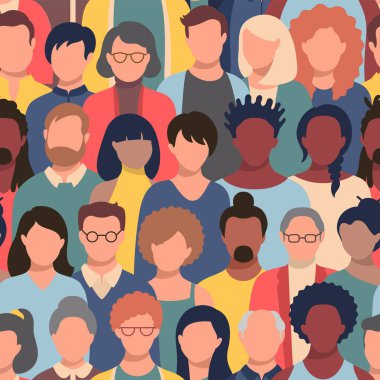 Seamless pattern with people faces of different ethnicity and ages. Parade or meeting crowd, men and women various hairstyles, young and elderly characters heads, repeating background. clipart