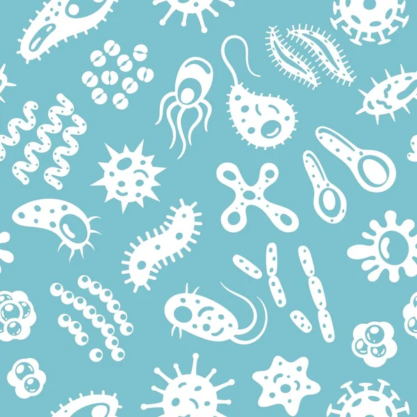 細菌、ウイルス、細菌のシルエットとシームレスなパターン。テキスタイルデザイン、包装紙、壁紙のための背景を繰り返す微生物細胞. — ストックベクタ