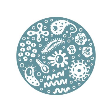 Bakteriler ve virüsler çemberde, mikro organizmalar hastalığa neden olan nesneler. Farklı türler, bakteriler, virüsler, koronavirüs, infusorium, streptokok, mantar, protozoa. Vektör illüstrasyonu.