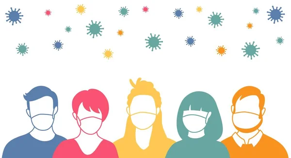 Personas con máscaras protectoras y coronavirus voladores en estilo plano. Hombres y mujeres con máscaras médicas para prevenir enfermedades, gripe, concepto de cuarentena . — Vector de stock