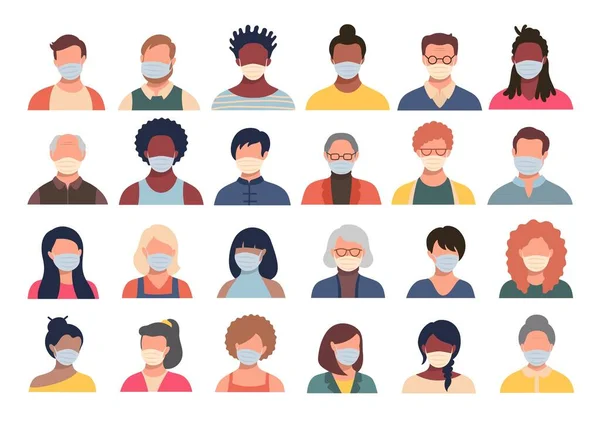 Set van personen, avatars, mensen hoofden van verschillende etniciteit en leeftijd in beschermende maskers. Mannen en vrouwen in vlakke stijl volgens aanbevelingen voor de preventie van coronavirus. — Stockvector