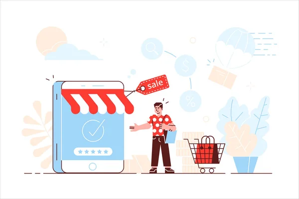 Compras online comprando e vendendo via telefone — Vetor de Stock