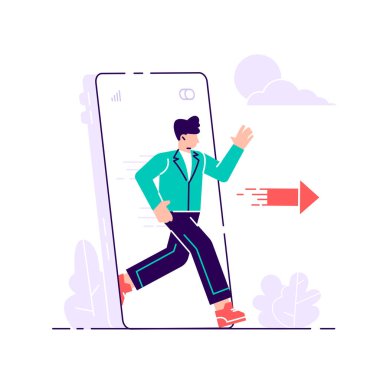 Genç adam büyük bir telefondan çıkıyor.