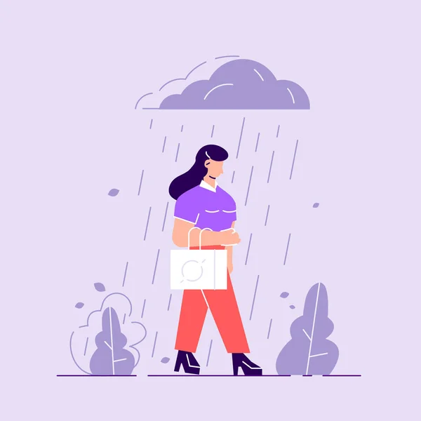 Triste personagem masculino em pé sob a chuva —  Vetores de Stock