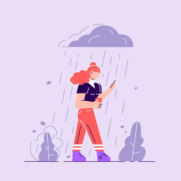 Triste personagem masculino em pé sob a chuva — Vetor de Stock