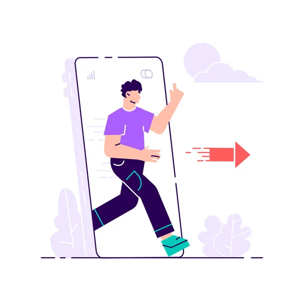 Jeune homme sortant du téléphone énorme — Image vectorielle