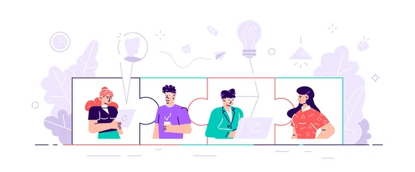 Business concept. Team metaphor. people connecting puzzle elements. Vector illustration flat design style. Symbol of teamwork, cooperation, partnership for web page, social media, documents, cards — 스톡 벡터