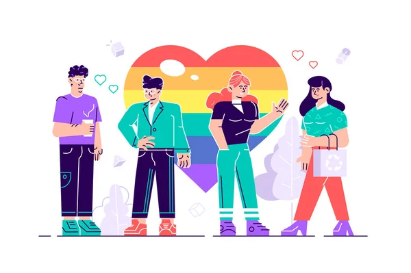 Un grupo de personas sosteniendo un enorme corazón de arco iris — Vector de stock