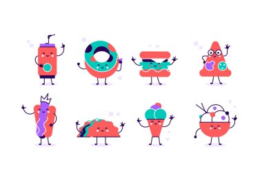 Sevimli komik yemek ve içecek karakterleri.