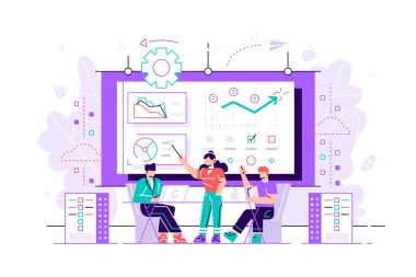 Software Engineer, Statistician, Visualizer and Analyst working on a project. Big data conference, big data presentation, data science concept. Flat bright vibrant violet vector isolated illustration clipart svg vector 