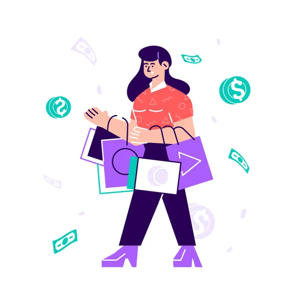 Mujer divertida llevando bolsas con compras — Vector de stock