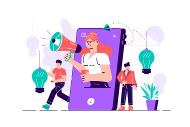 Cep telefonu, ekranda megafonu olan kadın.