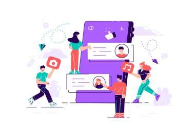 Bir grup genç erkek ve kadın ve dev akıllı telefon.