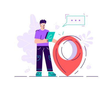 İş adamı büyük harita işaretçisine yakın duruyor.