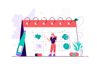 Genç düşünceli bir adam dev takvime bakıyor ve doktoru ziyaret etmek için uygun bir tarih seçiyor. Doktor randevusu. Sağlık hizmeti ya da sağlık hizmeti. Modern düz çizgi film vektör çizimi.