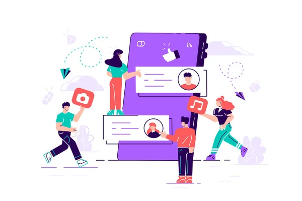 Bir grup genç erkek ve kadın ve dev akıllı telefon.
