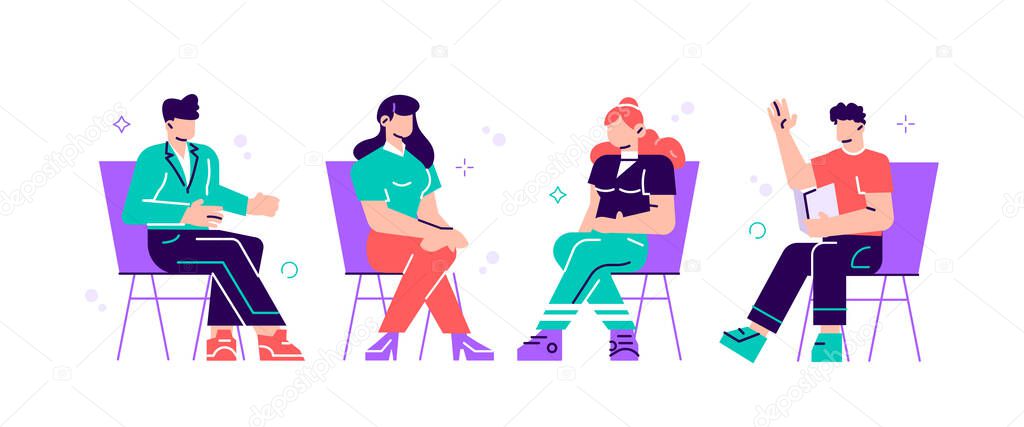 Men and women sitting on chairs and talking