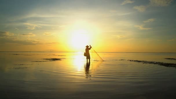 Рыбак бросает рыболовные сети — стоковое видео