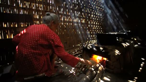 Cocina femenina en estufa de ladrillo — Vídeos de Stock