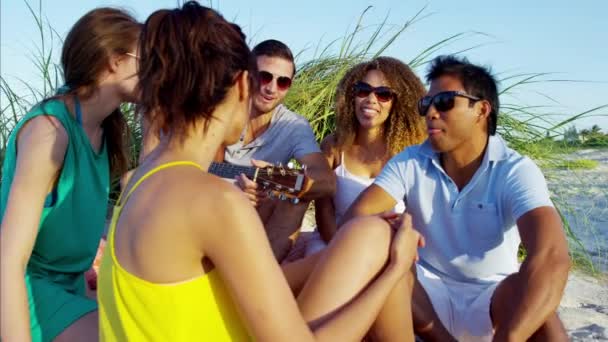 Amigos relajándose en la playa — Vídeo de stock