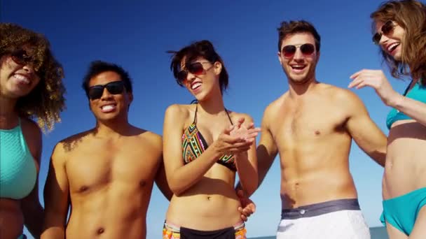 Друзья, проводящие время на пляже — стоковое видео