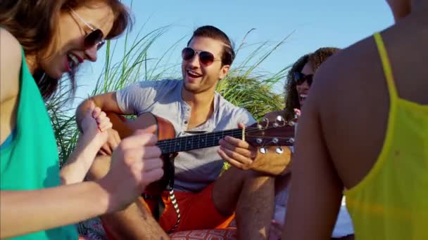 Freunde genießen Picknick am Strand — Stockvideo