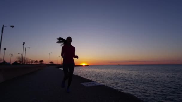 Kvinna som kör av Lake Michigan — Stockvideo