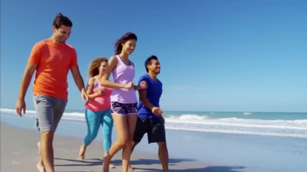 Maschi e femmine che camminano sulla spiaggia — Video Stock