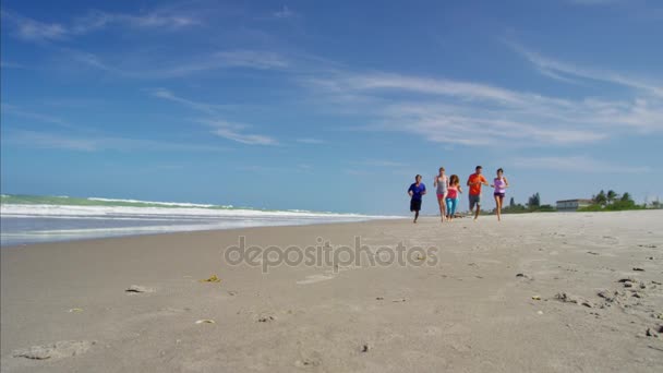 Homens e mulheres mantendo-se em forma na praia — Vídeo de Stock