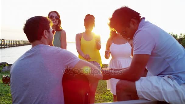 Männer und Frauen genießen Strandparty — Stockvideo