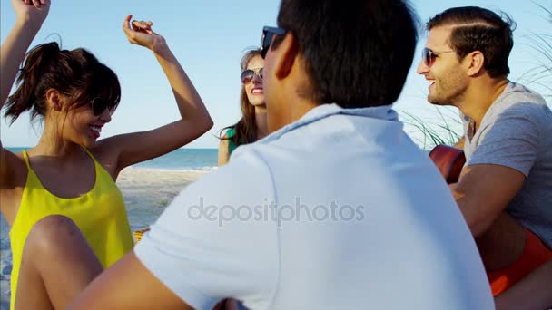 Чоловіки і жінки насолоджуються пляжною вечіркою — стокове відео