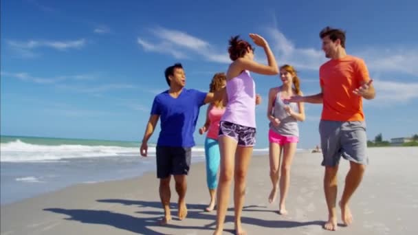 Mannetjes en vrouwtjes houden past op strand — Stockvideo
