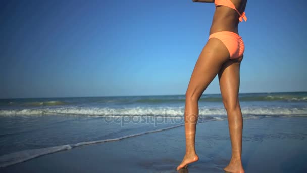 Женщина позирует на пляже с мячом — стоковое видео