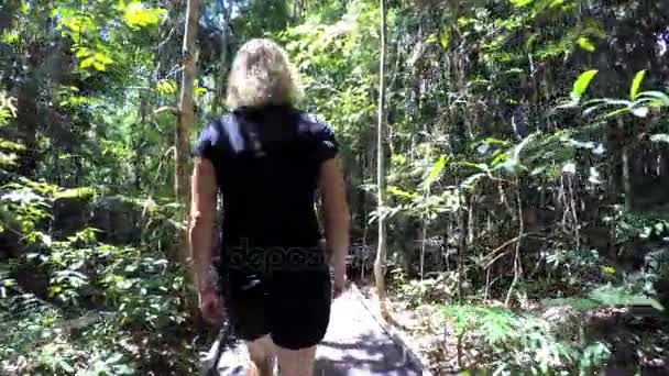 Female walking through tropical trees — Stock Video