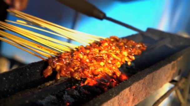 BBQ Satay Chicken auf Spießen — Stockvideo