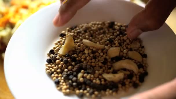 Manos añadiendo semillas a los ingredientes — Vídeo de stock