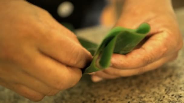 Hands folding banana leaves — Stock Video