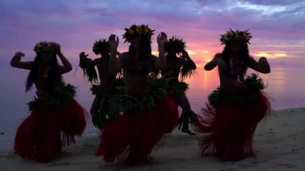Hula-Tänzer treten bei Sonnenuntergang auf — Stockvideo