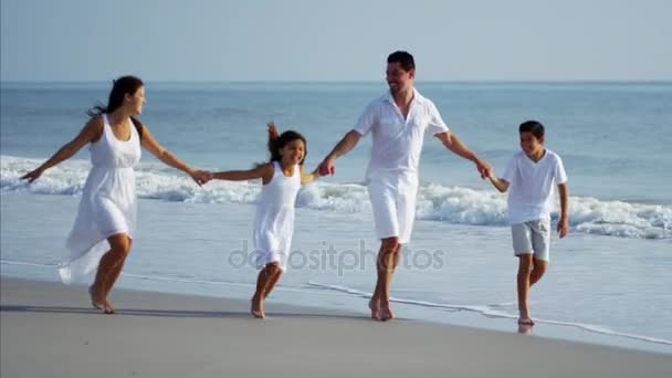 Семья, держащаяся за руки на пляже — стоковое видео