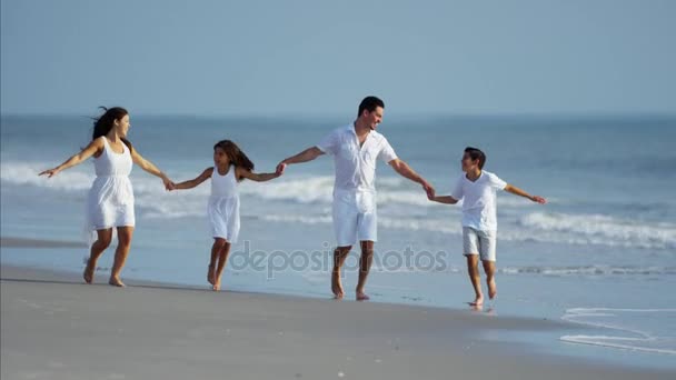 Сім'я тримає руки на пляжі — стокове відео