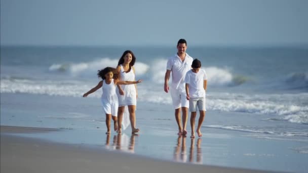 在海滩上散步的家庭 — 图库视频影像