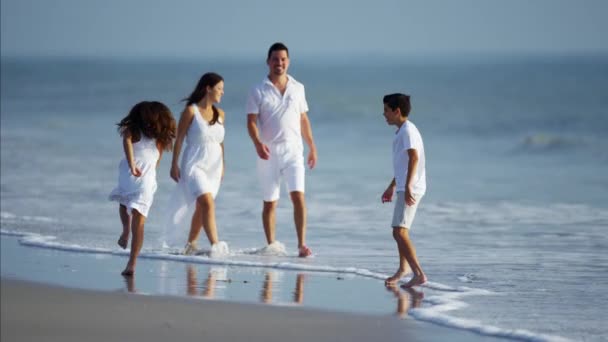 Familj promenader på stranden — Stockvideo