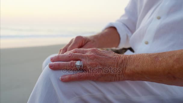 Senioren hand in hand op het strand — Stockvideo