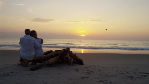 Pareja disfrutando de la puesta de sol en la playa — Vídeos de Stock