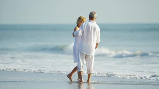 Seniors caminando en la playa — Vídeo de stock