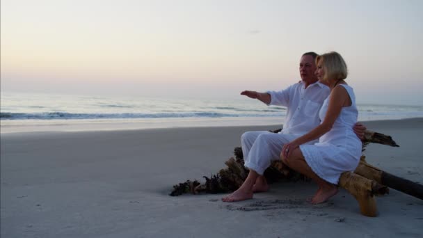 Seniors en la playa al atardecer — Vídeo de stock