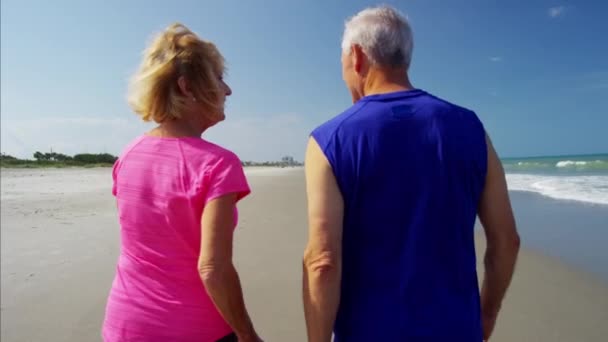 Senioren wandelen op het strand — Stockvideo