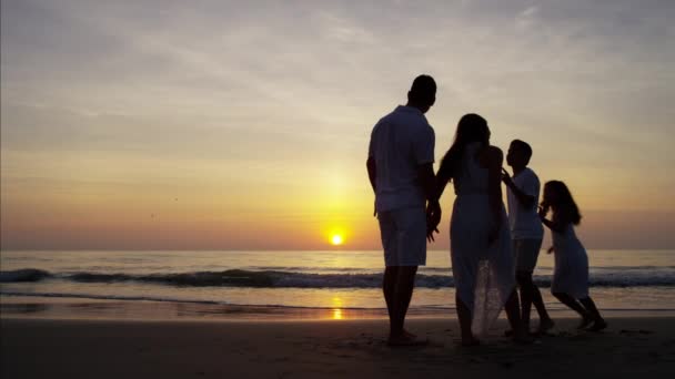 Сім'я насолоджується заходом сонця на пляжі — стокове відео