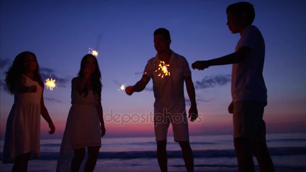 Famille au coucher du soleil avec des étincelles amusantes — Video